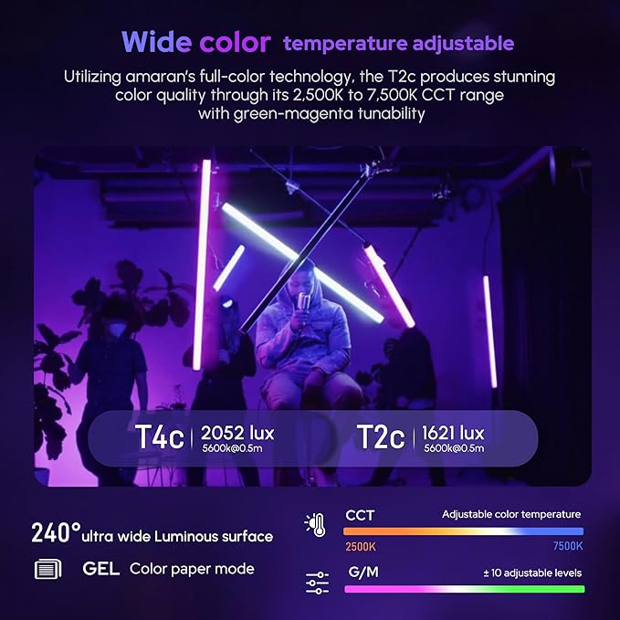 Aputure Amaran T2C RGBWW LED Tube Light 2500K to 7500K, Support APP and DMX