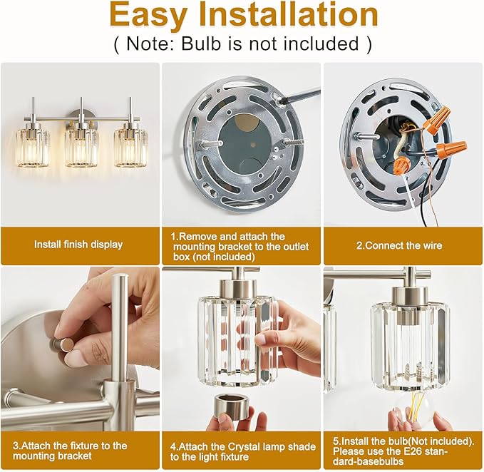 EJIAXIN 3 Light Crystal Bathroom Light Fixtures, Brushed Nickel Vanity Mirror
