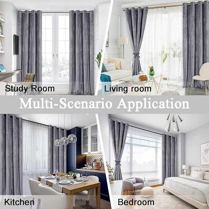 JIUZHEN Grey Velvet Curtains 63 inches Blackout Curtains