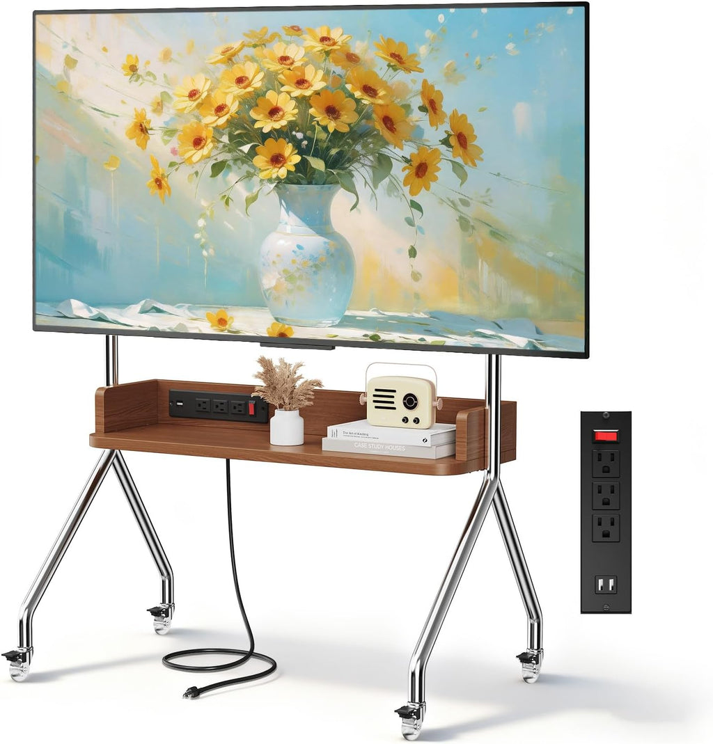Rolling TV Stand with Power Outlet & Wooden Shelf,Stainless Steel Mobile TV Carts for 32-75 Inch TVs up to 110 lbs,Height Adjustable Portable TV Stand with Wheels for Home Office,Max VESA 600x400mm