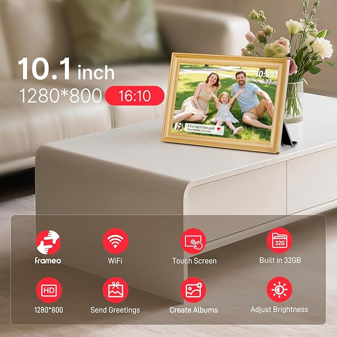 Frameo 10.1 Inch WiFi Digital Picture Frame, 1280x800 HD IPS Touch Screen Photo