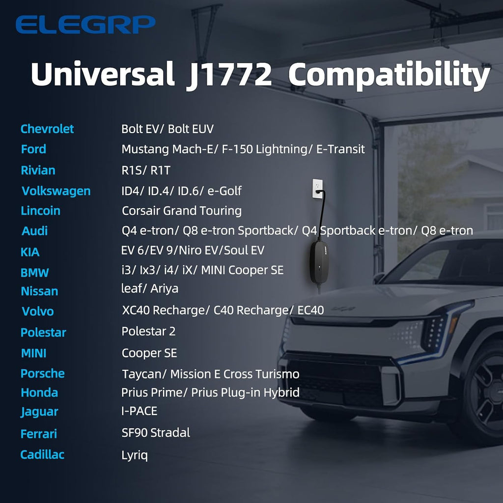 ELEGRP Level 1/2 EV Charger, 16 Amp, Portable J1772 Charger, 25FT Cable, NEMA 6-20 & 5-15 Adapter, Electric Car Charger 110V-240V for BEVs PHEVs, PBE & LRC Technology