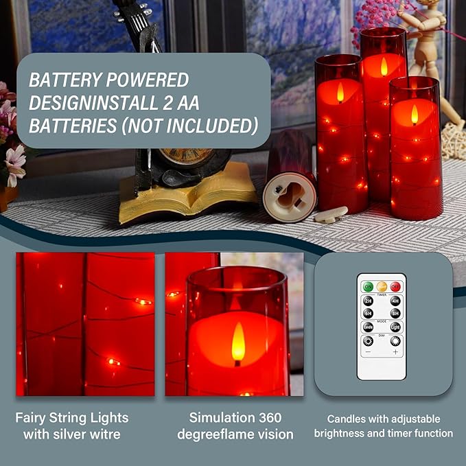 Flameless Candles with Embedded Star String, Battery Operated LED Pillar (Set of 9)