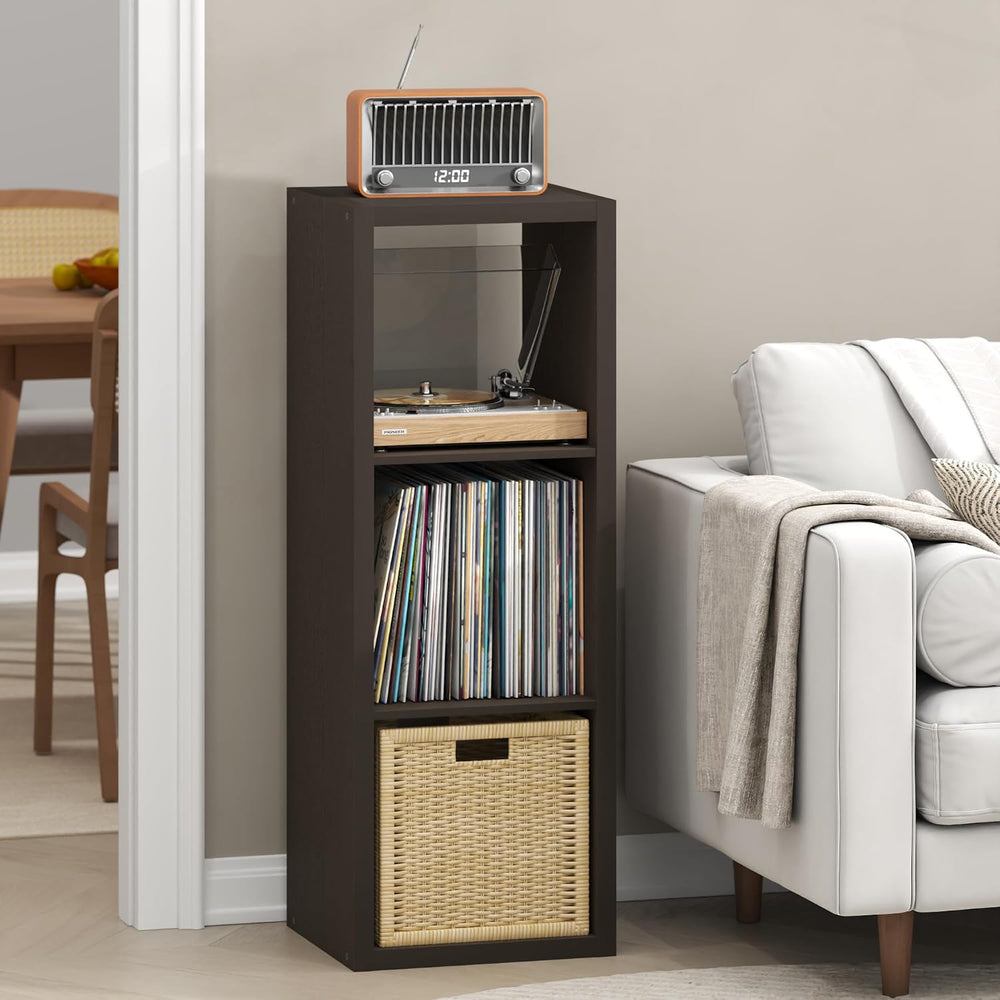 Furinno Cubicle Record Player Stand, 3-Cube Record Storage, Dark Oak