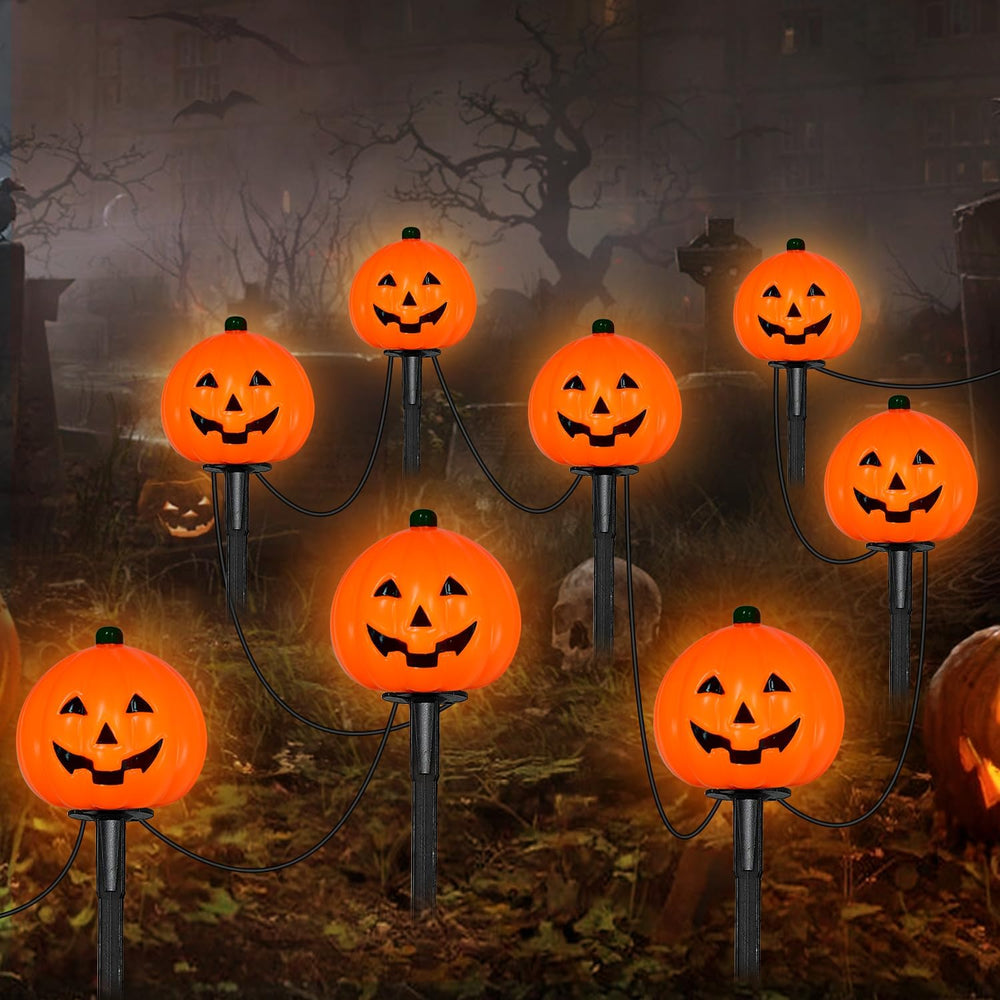2 Sets 7Ft Halloween Pathway Lights Outdoor Pumpkin Stake Light with 4 Jack-O...