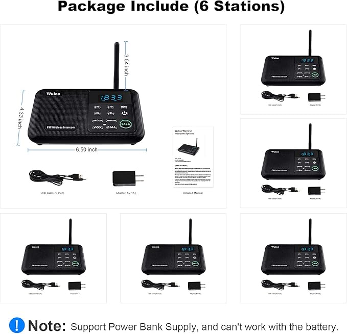 Wuloo Intercoms Wireless for Home 1 Mile Range 22 Channel 100 Digital Code (6 Packs)