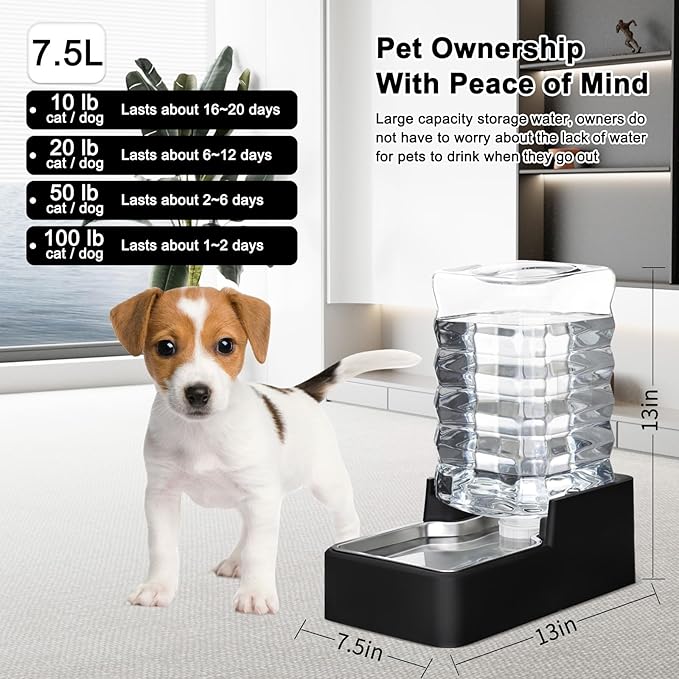 RIZZARI Stainless Steel Pet Water Feeder: 8L Gravity Leak-Proof Auto Refill
