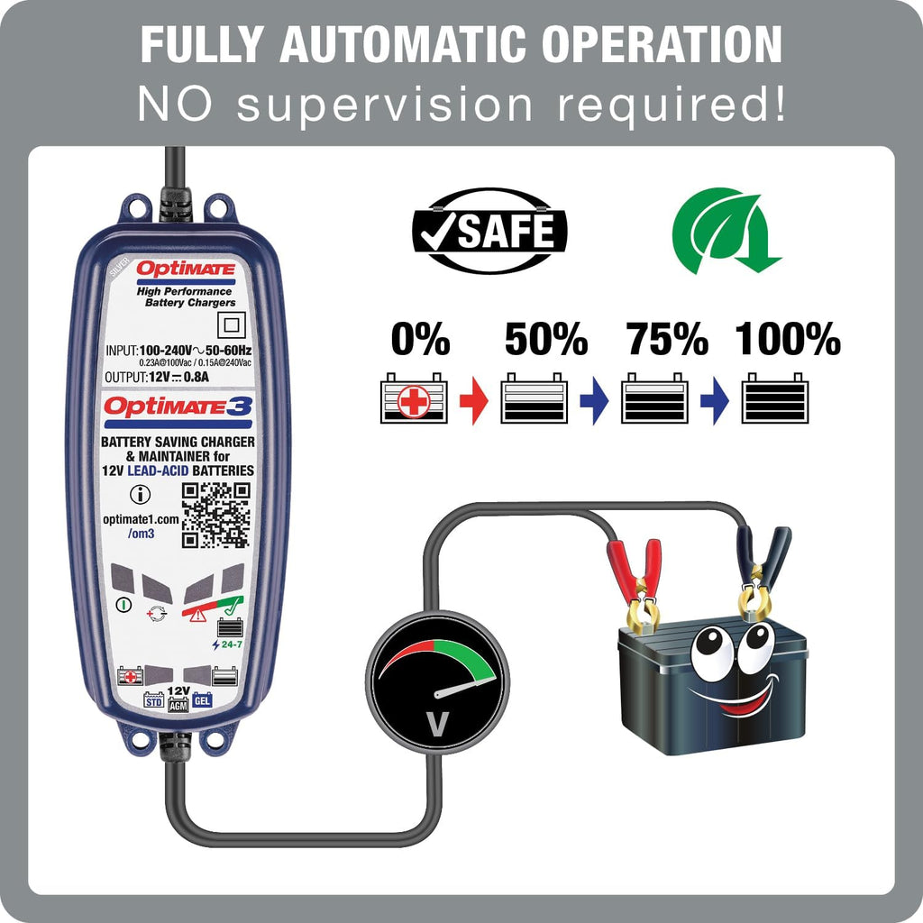 optimate3 0.8a, smart battery saving charger for 12v showing dimensions