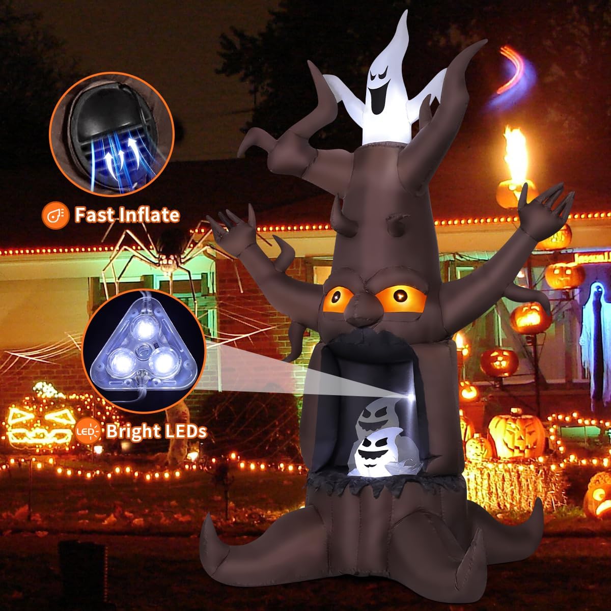 GOOSH 9 FT Halloween Inflatable Animated Dead Tree Outdoor Decorations Blow Up Yard Scary Tree And White Ghost With Built-In LEDs For Outdoor Garden Lawn Party Decor
