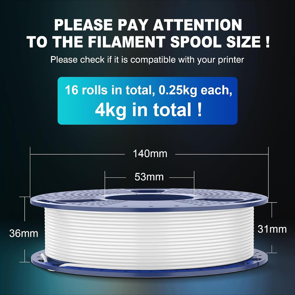 SUNLU 250G PLA Filament 16 Color Bundle Multicolor, 4kg in Total