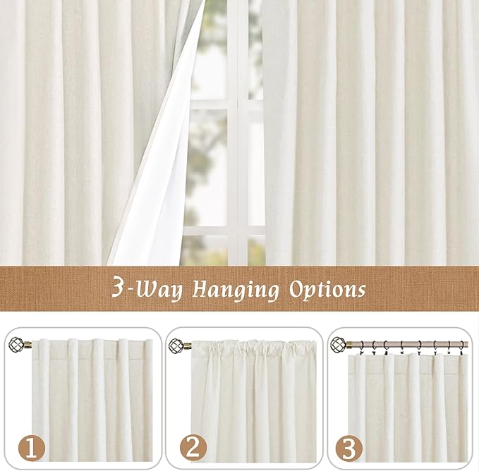 LAMIT 100% Blackout Short Linen Curtains, 48 Inch Length Linen Textured Thermal