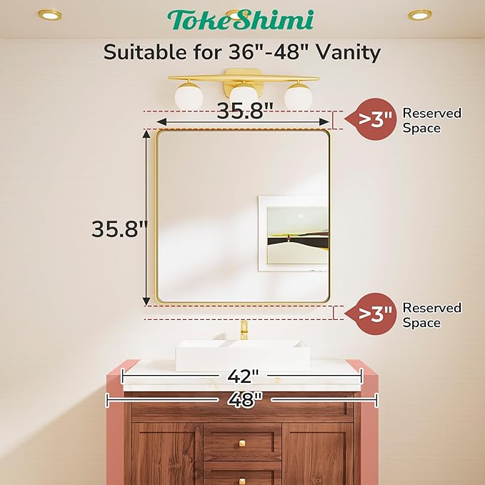 TokeShimi 36x36 Matte Black Bathroom Mirror, Bathroom Vanity Mirror Square