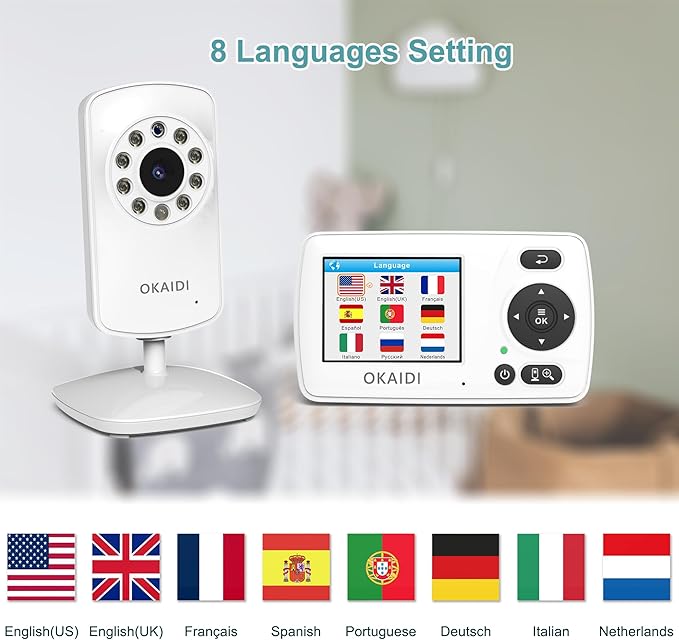 OKAIDI Video Baby Monitor with 2 Cameras, 2.4'' Portable Travel Screen