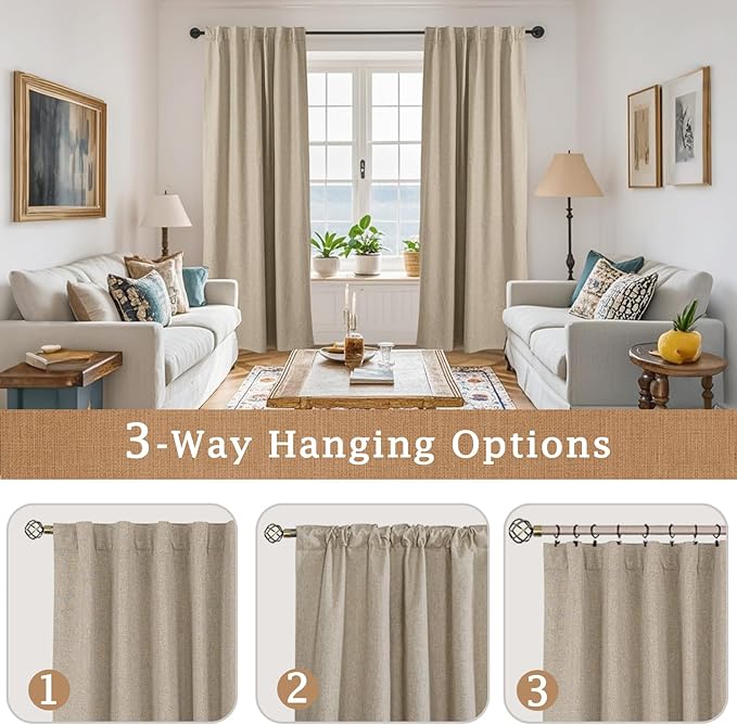 LAMIT 100% Blackout Linen Curtains 63 Inches Long, Linen Textured Living Room