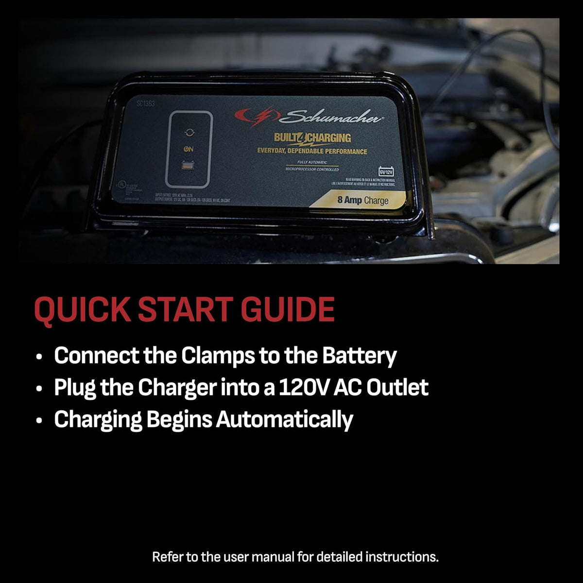 schumacher electric 8a car battery charger & maintainer, side view