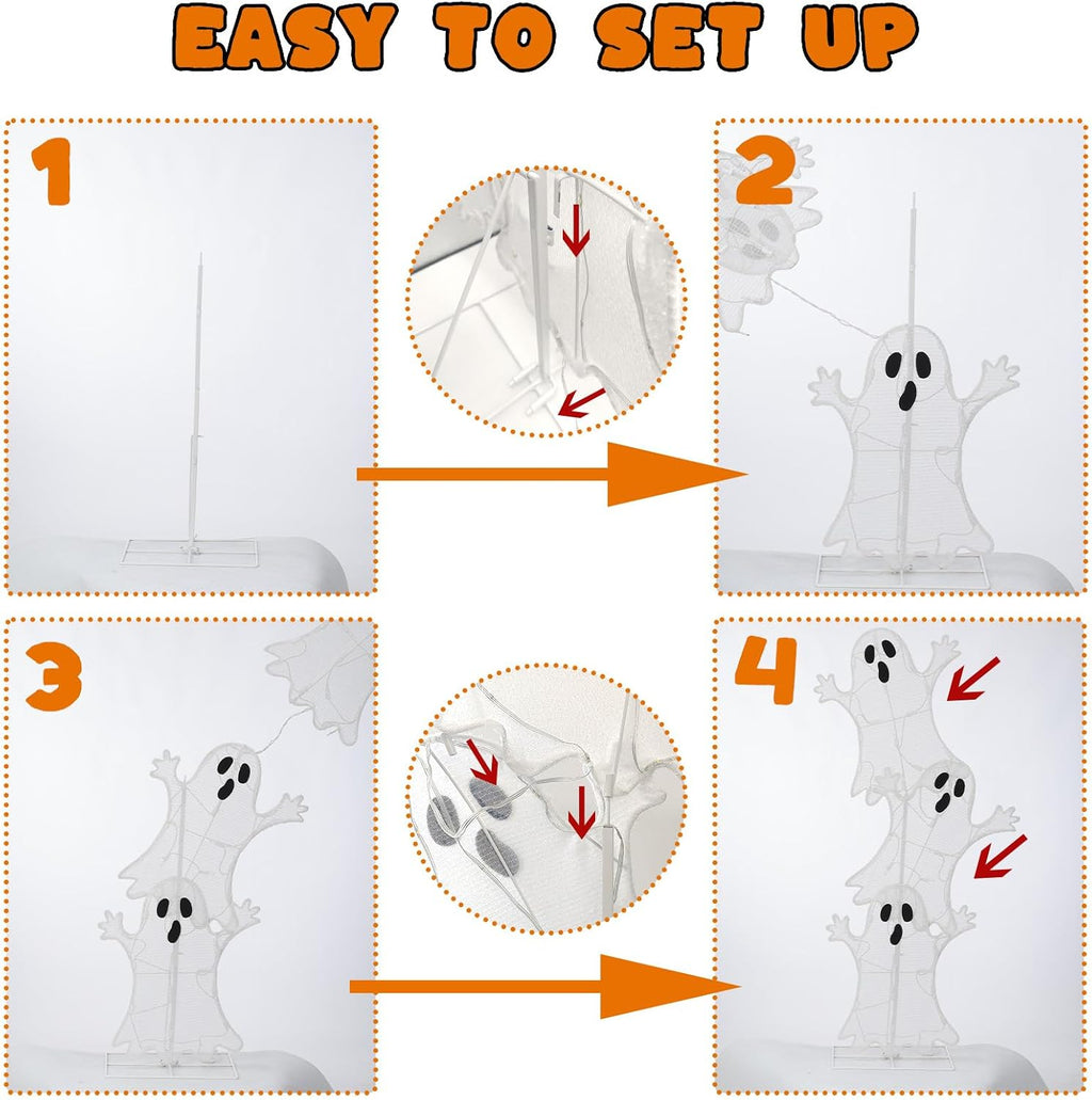 Halloween Lighted 3 Stacked Ghosts, 42’’ H Pre-Lit Lighted Ghosts with 50 Warm White Lights, Light Up Halloween Ghost Decoration for Indoor, Outdoor, Porch, Yard, Holiday Decor
