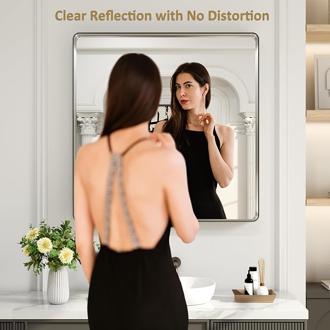 LOAAO 36X36 Inch Brushed Nickel Bathroom Mirror, Rounded Rectangle Silver Metal