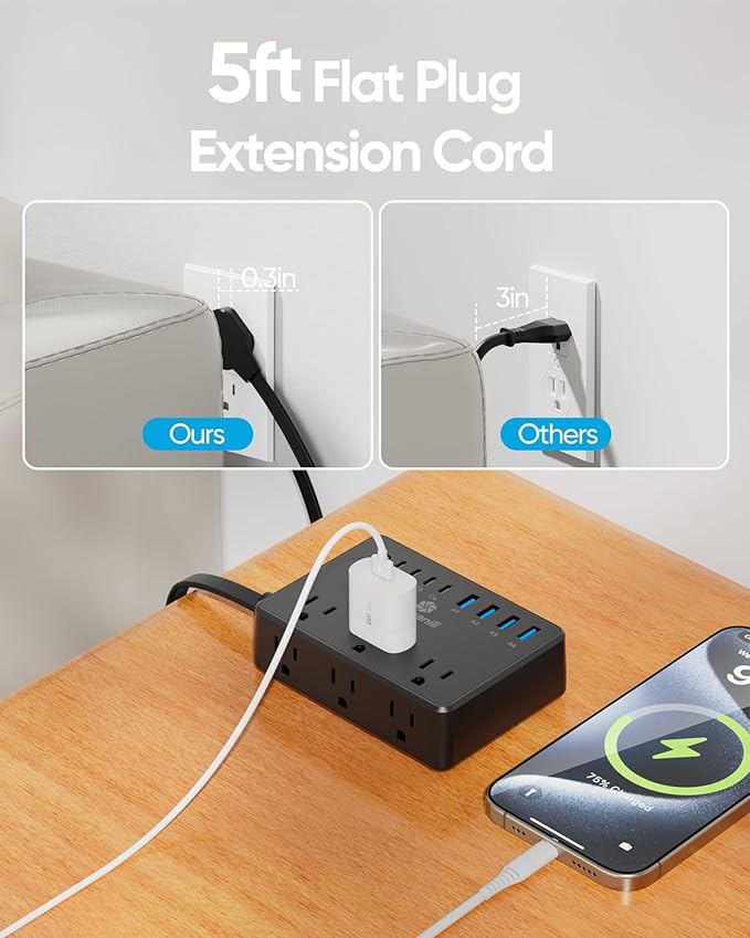 Kakyanill 100W Power Strip, 6 AC Outlets 8 USB Ports