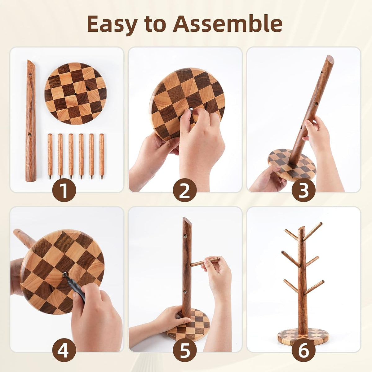 Natural Wood Mug Holder for Counter Top, Acacia Wood Coffee Mug Tree