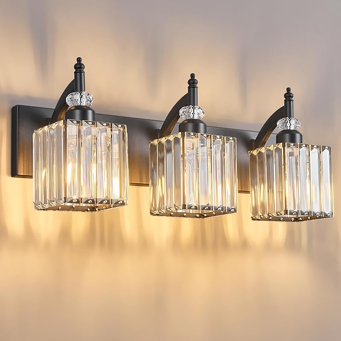 BBLLWJ Modern Bathroom Vanity Light 3-Light Black Crystal Light Fixtures Over