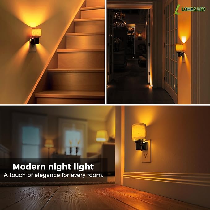L LOHAS LED Night Lights Plug into Wall, 2 Pack Linen Fabric Cylinder Decor