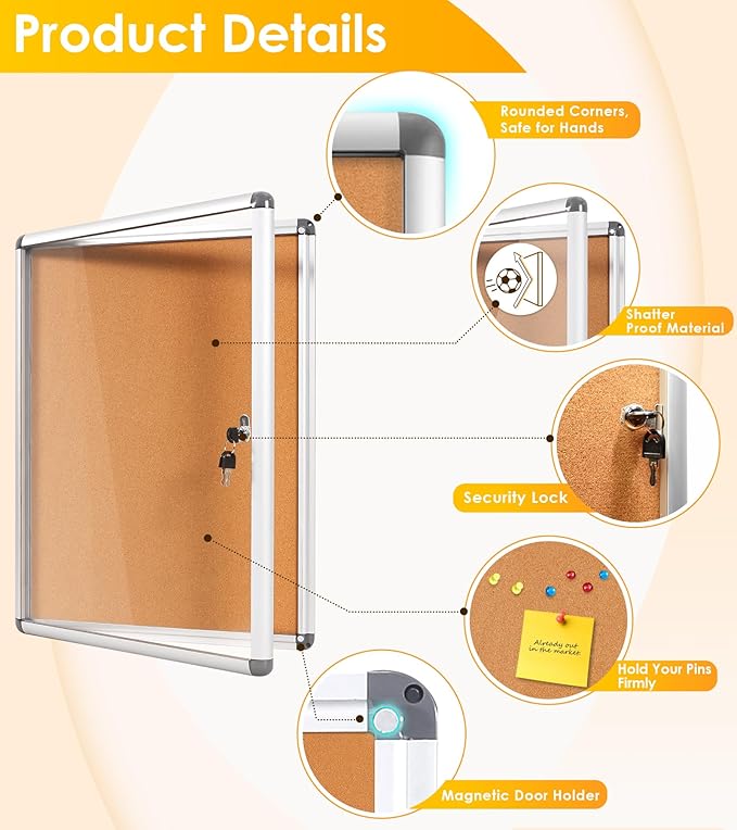 SWANCROWN Enclosed Bulletin Cork Board 24x18 in, Lockable Bulletin Board