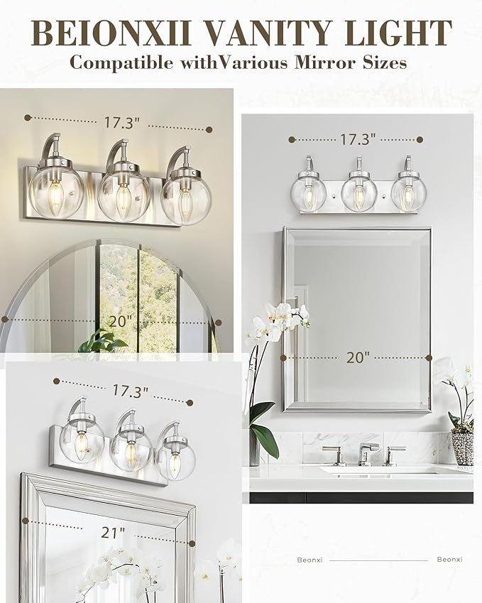 Beionxii Brushed Nickel Bathroom Light Fixtures, 3-Light Bathroom Vanity Light