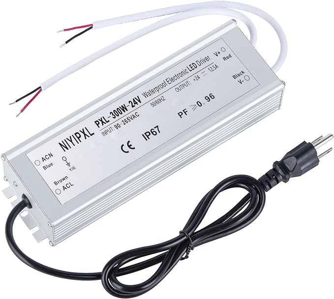LED Driver 300 Watts 24V DC Transformer， Waterproof IP67 Power Supply, 24V DC
