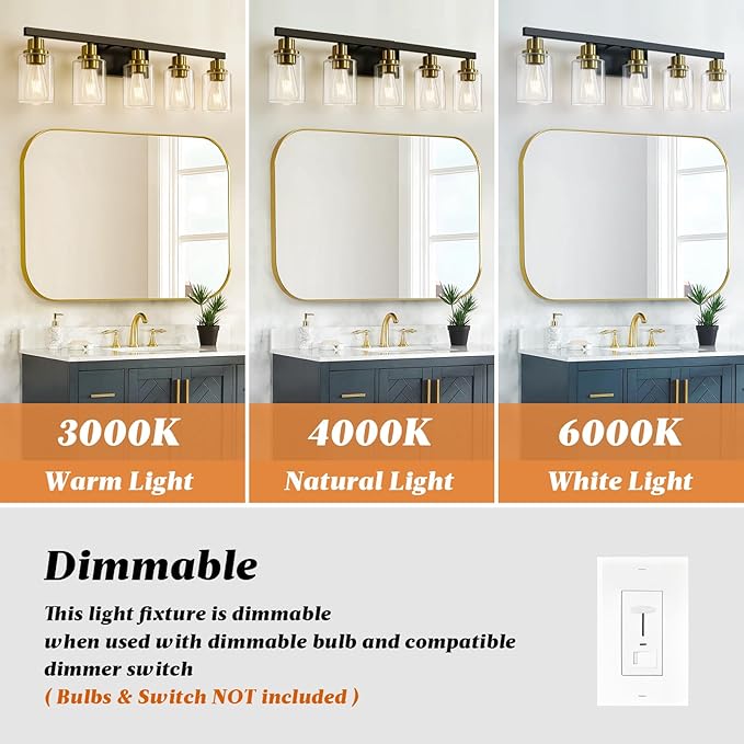 DIKAIDA 5-Light Black and Gold Bathroom Vanity Light, Bathroom Light Fixtures