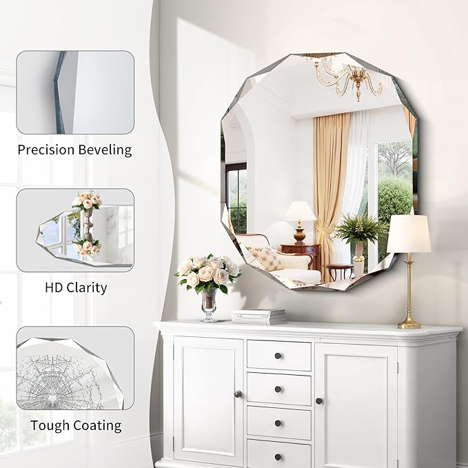 GLASHOM Frameless Bathroom Mirror, 30x36 inch Vanity Mirror Beveled Edge Wall