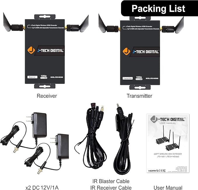 J-Tech Digital Wireless HDMI Extender 1080p up to 660 ft Extension, Transmitter (4 Sets)