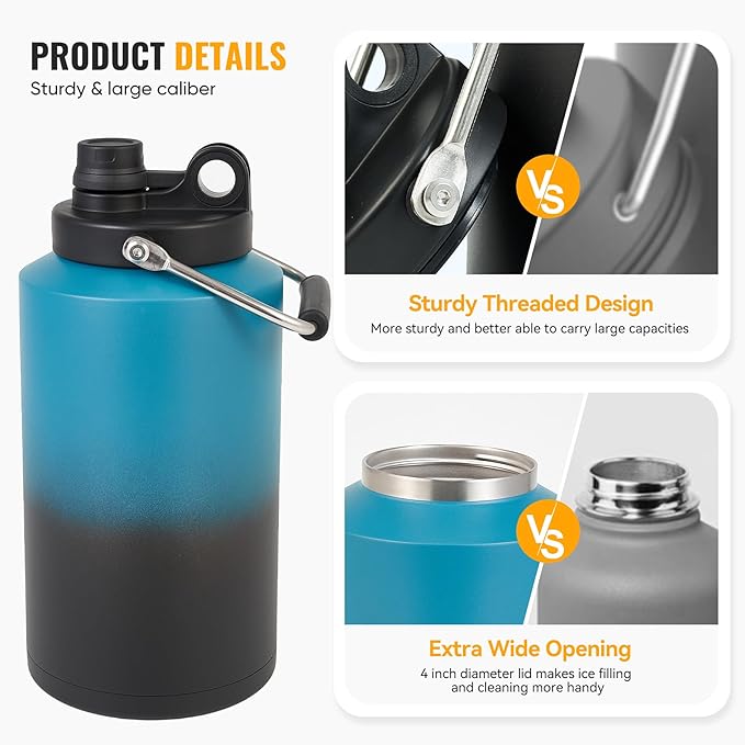 Insulated Gallon Jug with Handle, One Gallon, 128oz Stainless Steel, Large