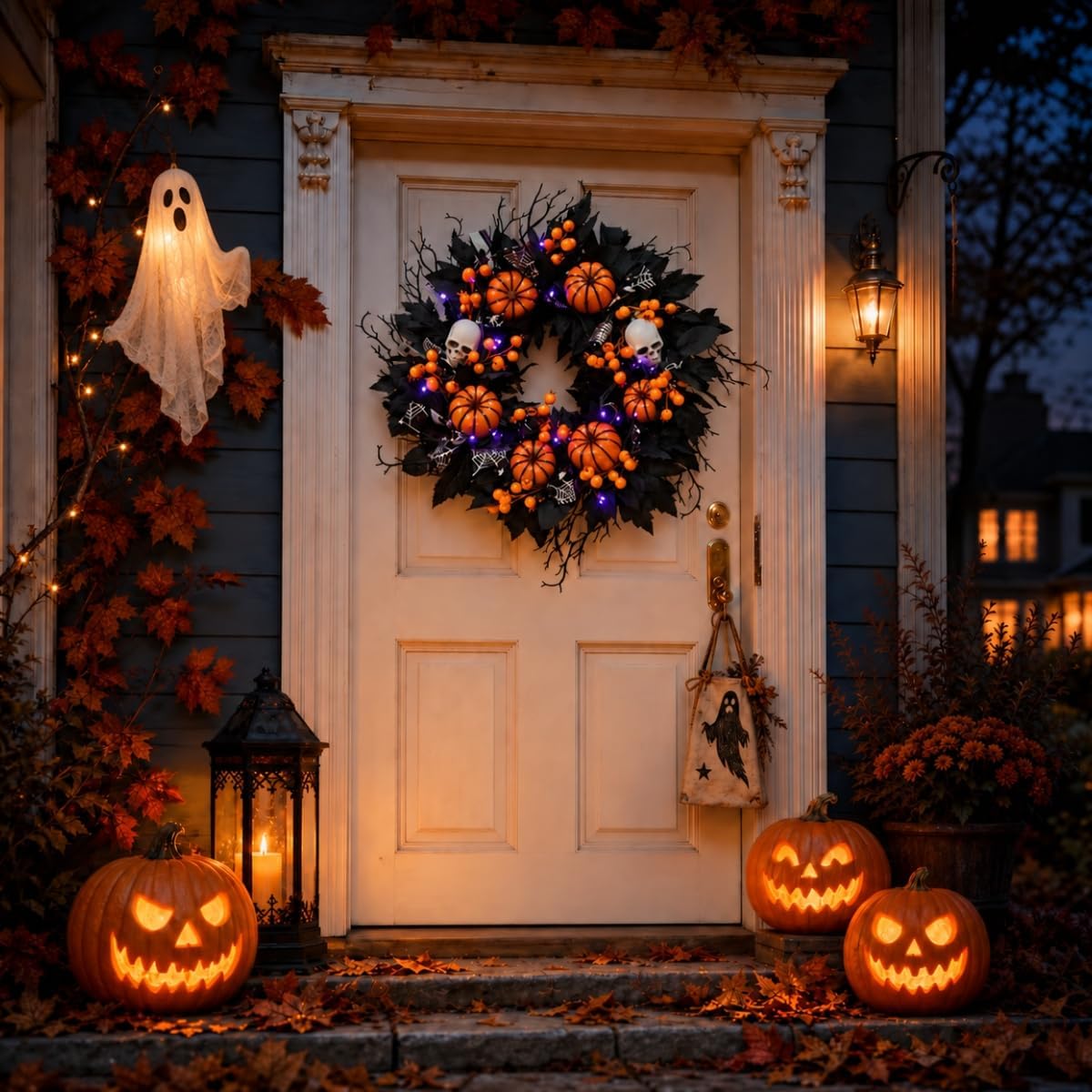 20" Halloween Wreath for Front Door, Black Gothic Spooky Outdoor Décor