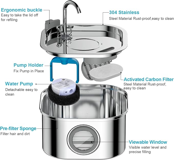 Cat Water Fountain Stainless Steel: 108oz/3.2L Automatic Pet Water Fountain