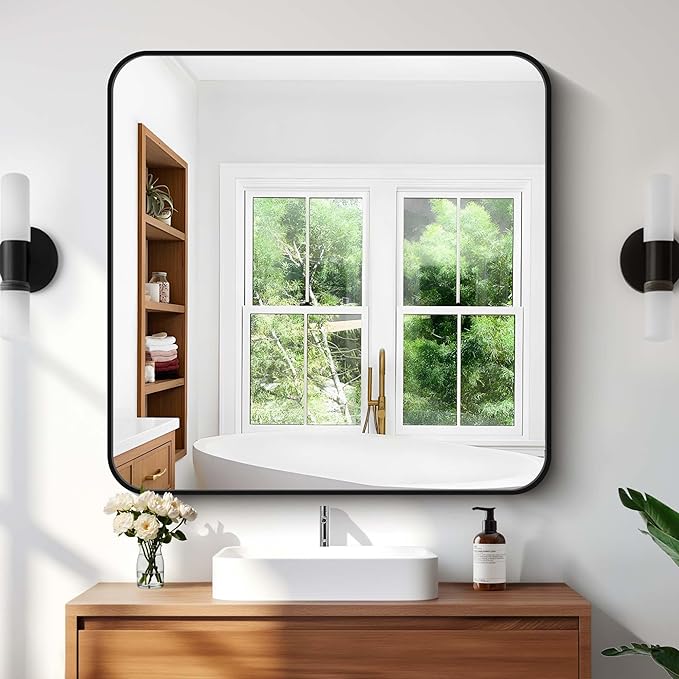 Bathroom Mirror, Metal Frame Rounded Corner Vanity Mirror, Large Wall Mounted
