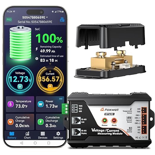 600A Shunt Battery Monitor, 0-120V Bluetooth Amp/Volt/Watt/Capacity Monitor