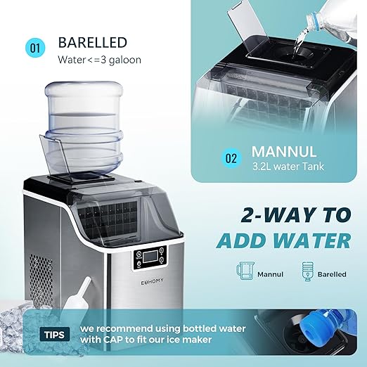 EUHOMY Ice Cube Maker Machine Countertop, 2 Ways to Add Water, 45Lbs/Day 24 Pcs