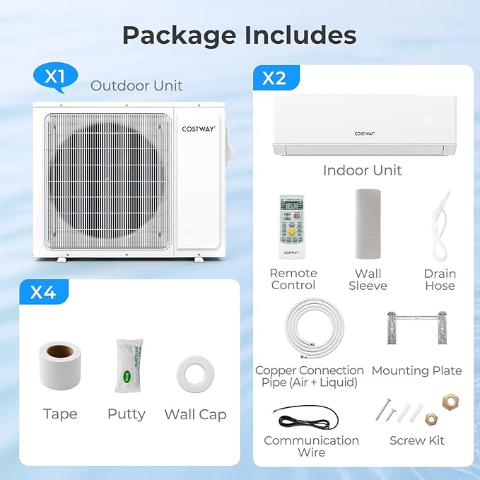 COSTWAY 18k Dual 2 Zone Mini Split Air Conditioner, 22 SEER2 12000 BTU+ 12000