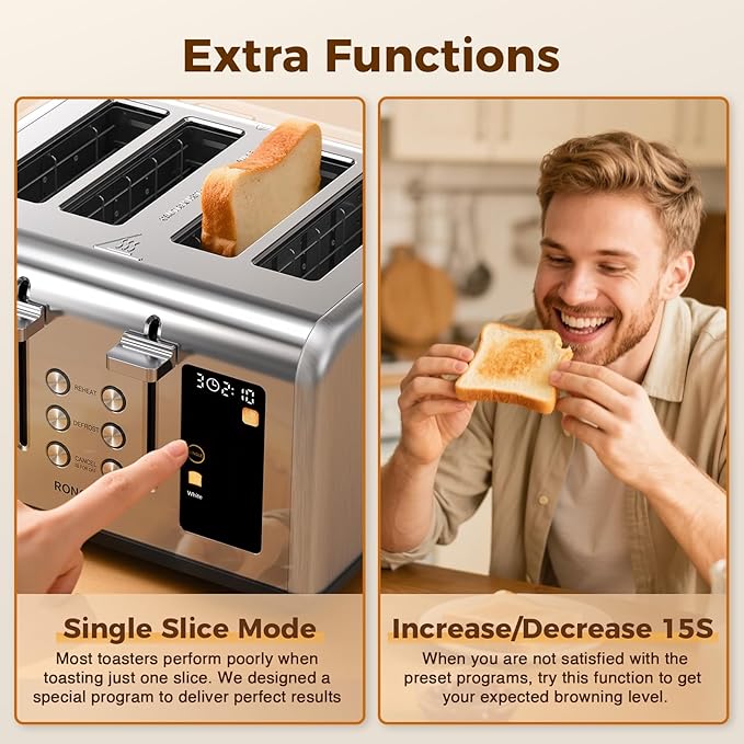 4 Slice Touch Screen Toaster, Easy-to-Use Digital Stainless Steel Toaster