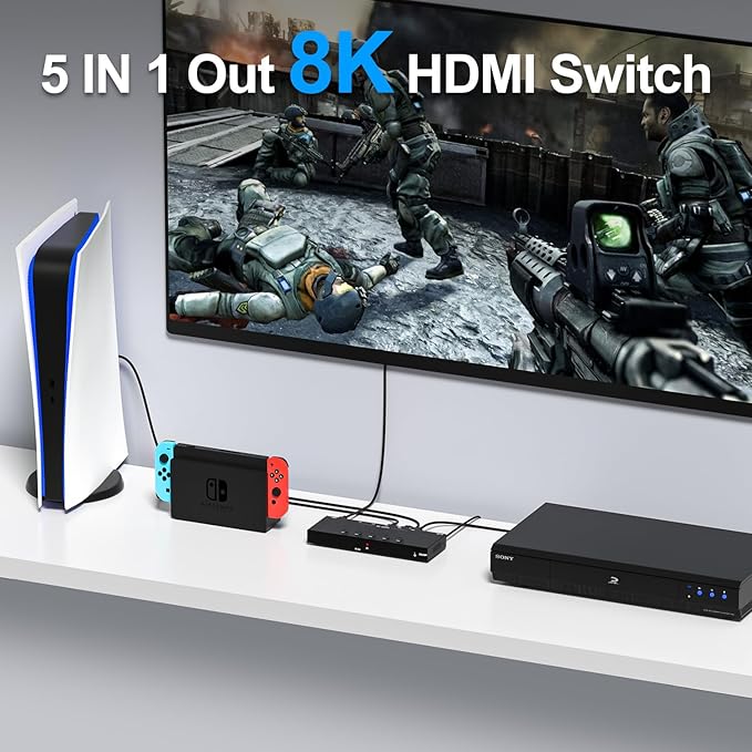 8K 5 in to 1 Out HDMI Switcher，5 Way HDMI Converter & Infrared Remote Control
