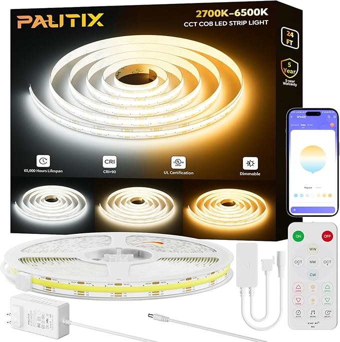PAUTIX COB LED Strip Lights 2700K-6500K CCT Tunable White 24ft UL-Listed