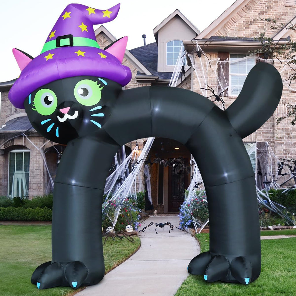 COMIN 14FT Halloween Inflatables Outdoor Decorations Black Cat Arch Blow Up Yard Decoration with Built-in LED for Yard Garden Party Lawn