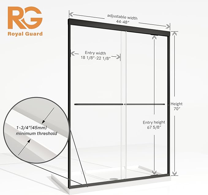 Shower Door, Royal Guard 44-48" W x 70" H Semi-Frameless Double Sliding Glass