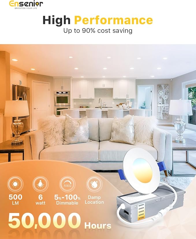 Ensenior 12 Pack 3 Inch LED Recessed Ceiling Light, 2700K-5000K 5CCT, 500LM 6W