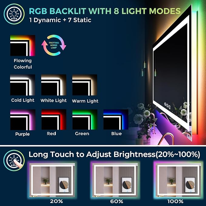 YEELAIT 40x36 Inch RGB LED Bathroom Mirror Front Light and RGB Backlit Lighted