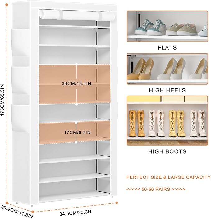 OYREL Shoe Rack 10Tier Large Capacity 50-56Pairs Beautiful Tall Shoe Shelf Free