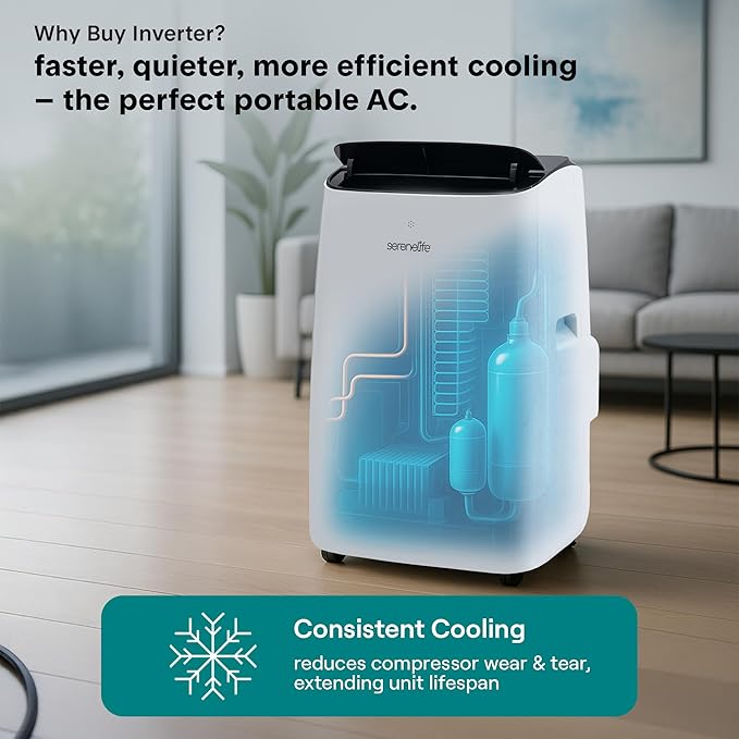 SereneLife 14000 BTU Ultra Quiet Portable Inverter Air Conditioner, Smart