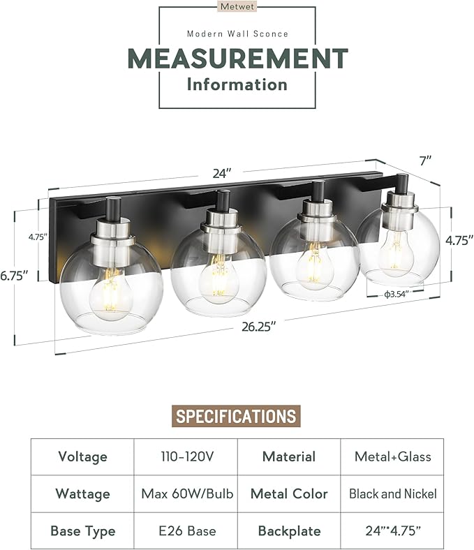 METWET Bathroom Light Fixtures, 4-Light Black and Brushed Nickel Bathroom