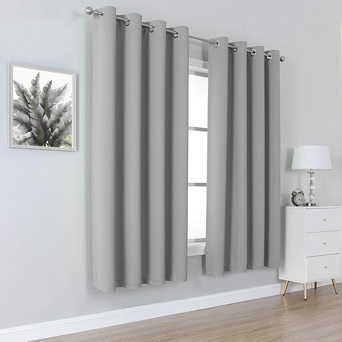 DUALIFE Grey Room Darkening Blackout Curtains Solid Thermal Insulated Grommet (Set of 2)