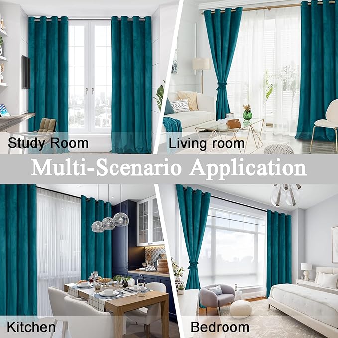 JIUZHEN Teal Velvet Curtains 72 inches Blackout Curtains (Set of 2)